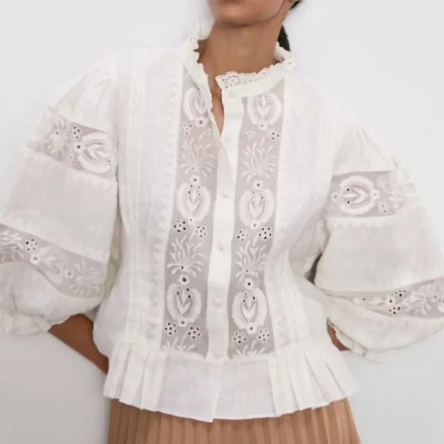 Lace Embroidered Bubble Sleeved Loose Top White - Shop at LoveMi