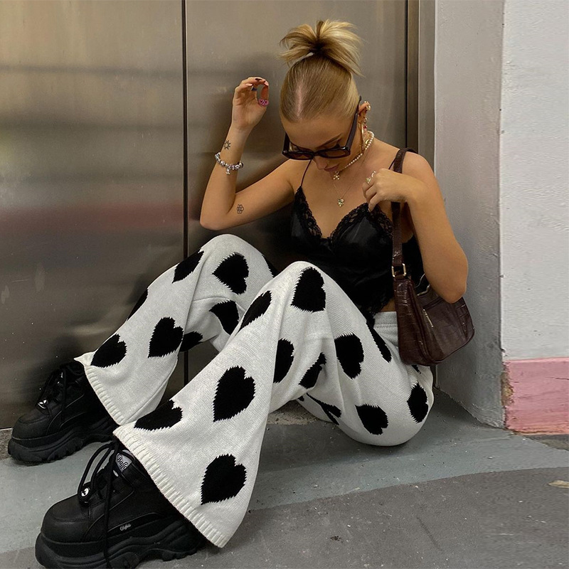 Fashion Love Contrast Knit Loose High-waist Straight-leg Casual Trousers