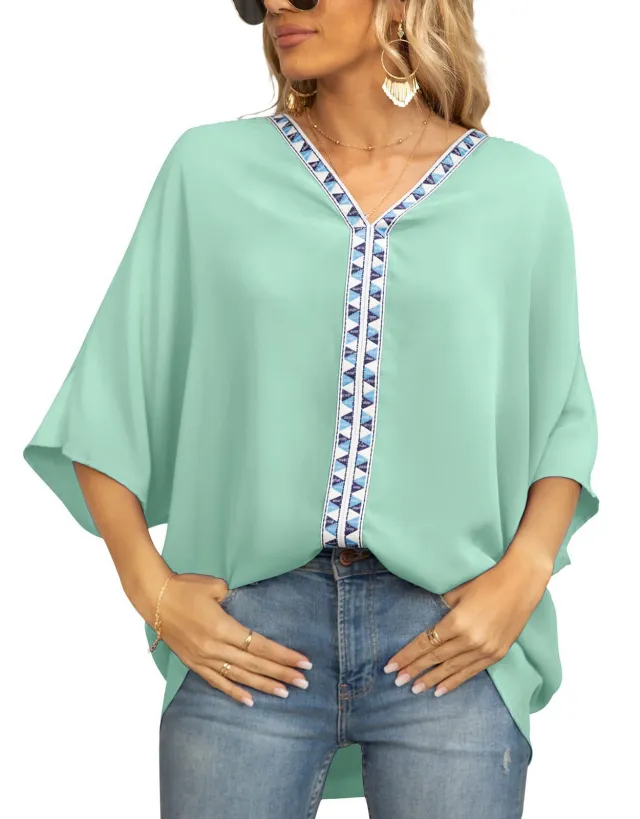 Bat Sleeved V neck Short Sleeved Shirt Green - Shop at LoveMi