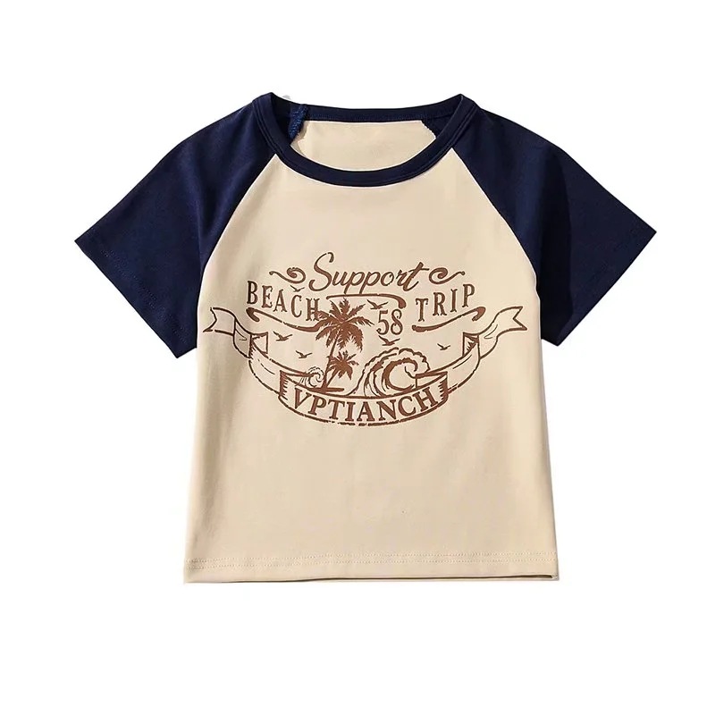 Women's Printed Letter Crop Short Sleeve T-Shirt