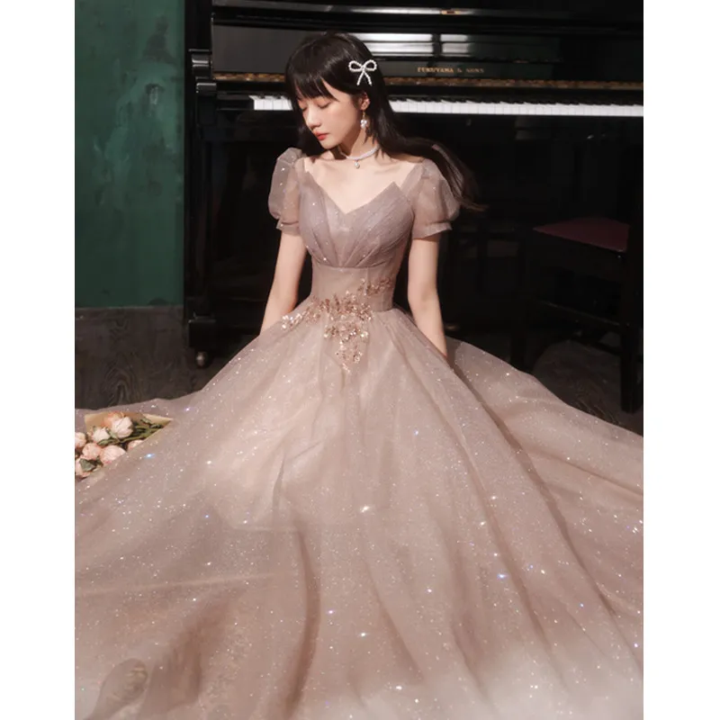 HOOR Women Luxury Puff Sleeve Backless Shiny Prom Gown - Bean Paste Color Long Style-3X