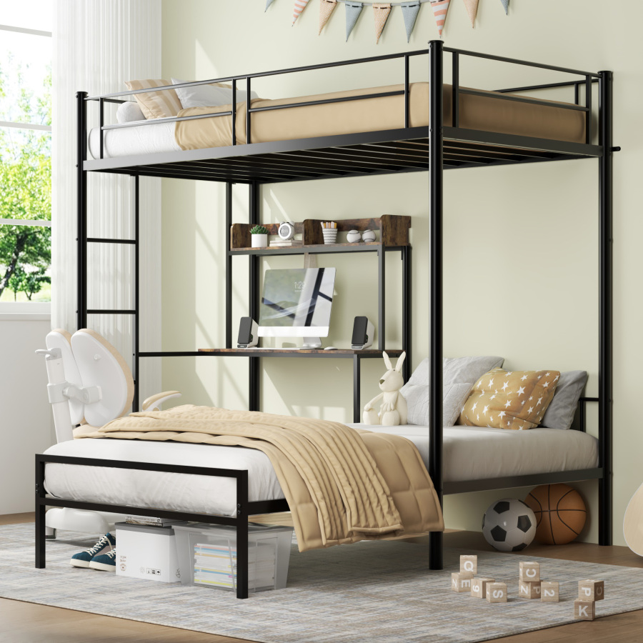 Twin Over Twin L-Shaped Bunk Bed With Desk, Charging Station & Storage, Black