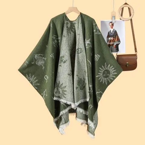 Women's Greek Constellation Double-Sided Loose-Fringe Jacquard Warm Split-Hem Outerwear
