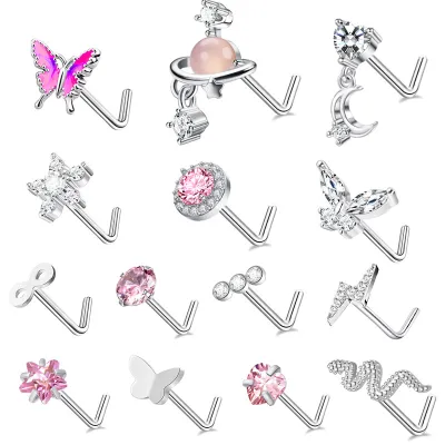 Peach Heart Butterfly With Zircon Stainless Steel Piercing Nose Ring