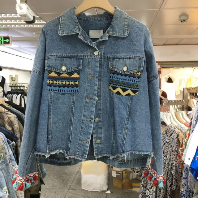 Women's Ethnic Style Flower Embroidery Heavy Industry Sequins Beaded Fringed Denim Jacket Blue - Shop at LoveMi