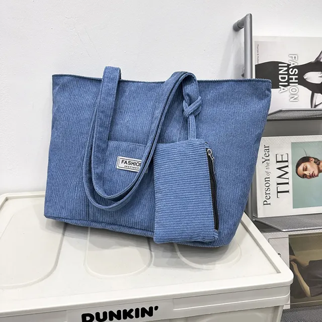 Large capacity Corduroy Shoulder Bag With Small Woman Purses Composite Bag Solid Color Handbags For Women Winter And Spring Blue - Shop at LoveMi