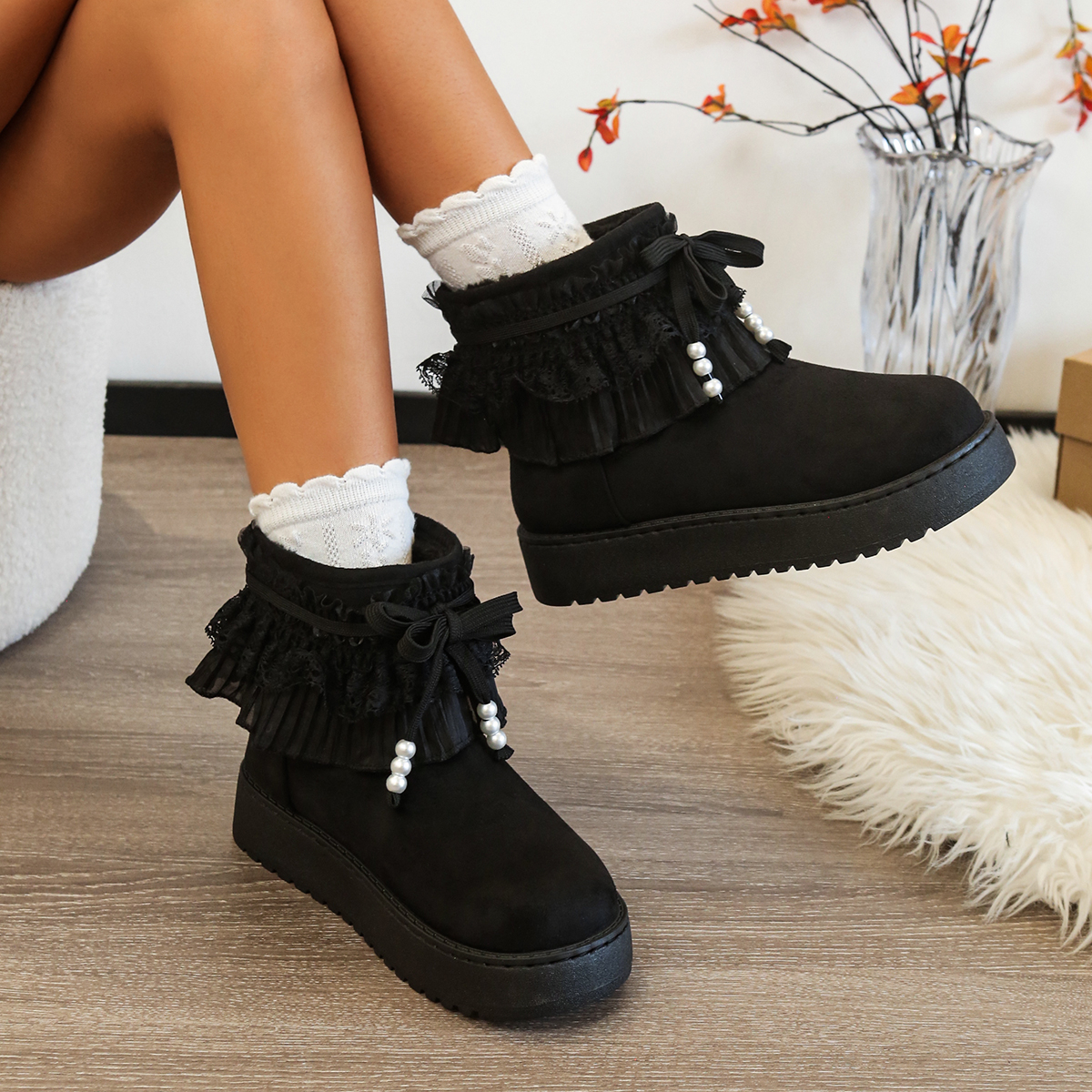 Lace Trim Bow Platform Snow Boots Women 2026 Winter New Sweet Fleece Lined Thickened Warm Cotton Boots
