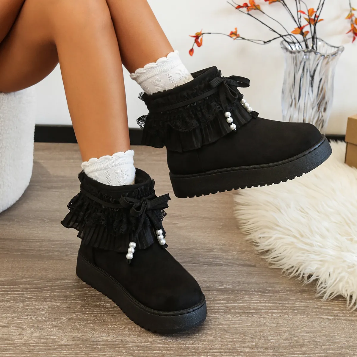Lace Trim Bow Platform Snow Boots Women