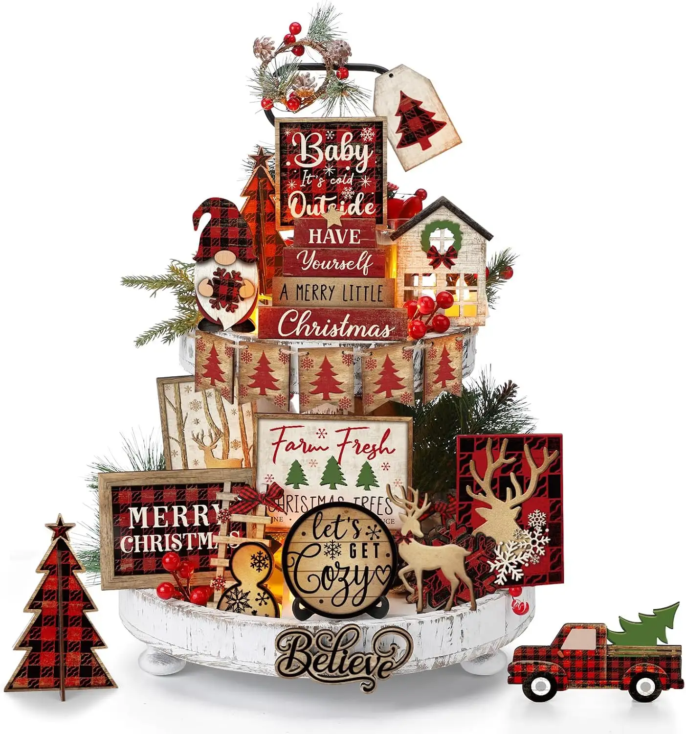 24 Pack Christmas Tiered Tray Decor, Rustic