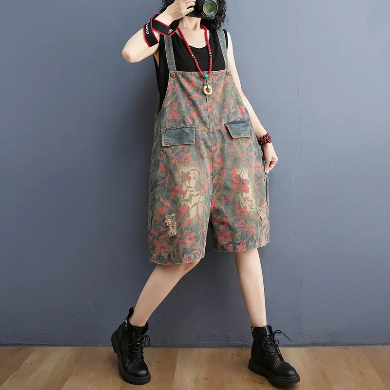 Women's Retro Print Slimming And Age-reducing Wide-leg Overalls