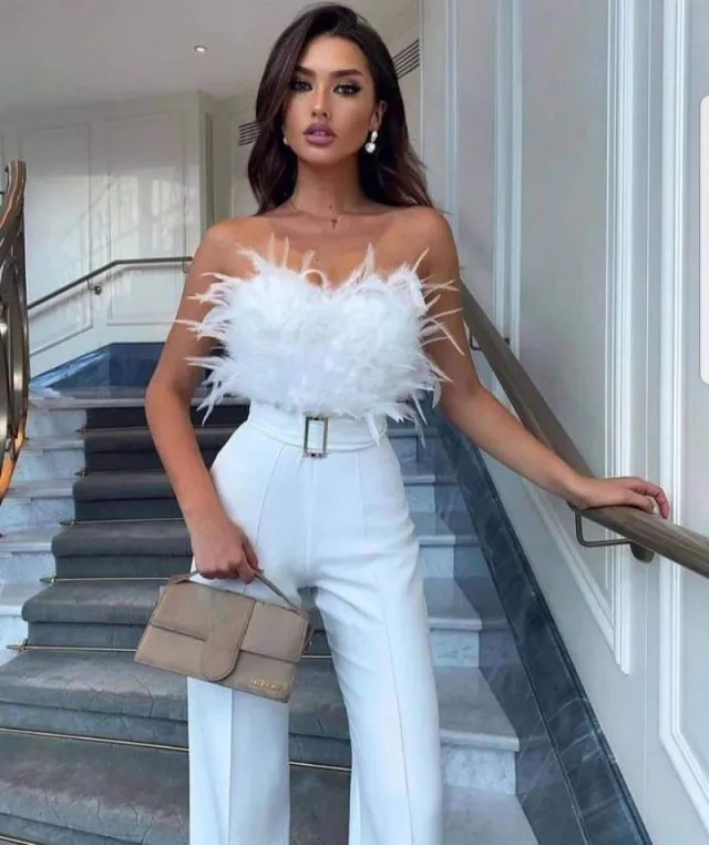 Temperament Feather Tube Top Jumpsuit Party Dress Pants Blue - Shop at LoveMi