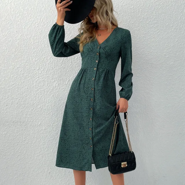 Long Sleeve Leopard V Neck Cardigan Dress Green - Shop at LoveMi