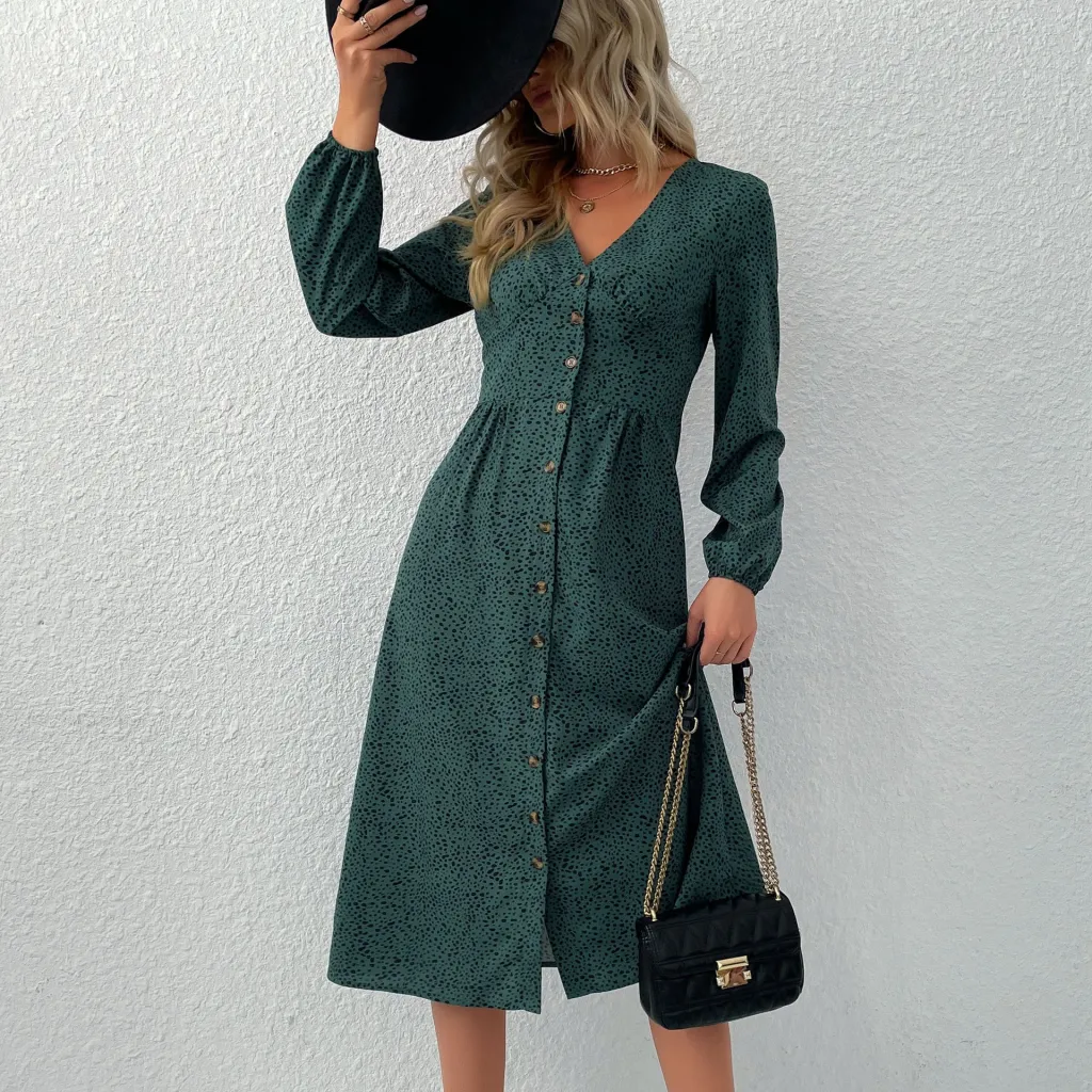 Long Sleeve Leopard V-Neck Cardigan Dress - Green