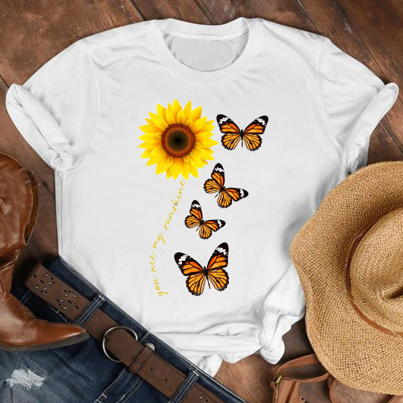 Title 7, Ladies Cartoon Butterfly Flower Short-sleeved D...