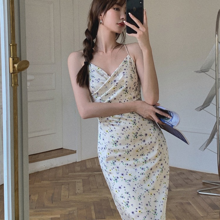 Summer New Floral Dress Was Thin Suspender Skirt