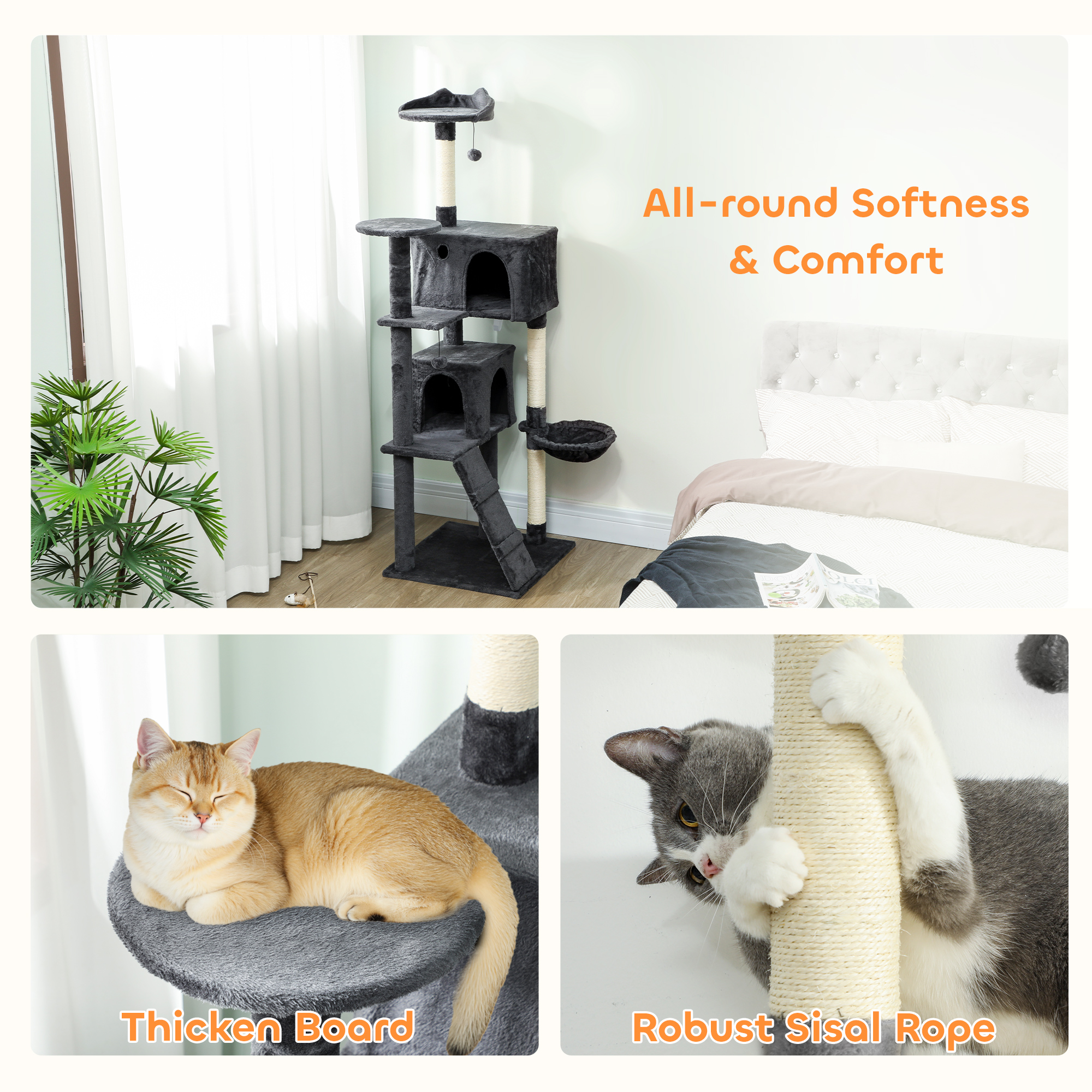 180cm Large Cat Tree Tower With Sisal Grab Post, Nest, Plush Shelter, Hammock — image 3