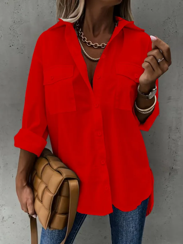 Simple Casual Long Sleeve Shirt With Pocket Hong Xxl - Shop at LoveMi