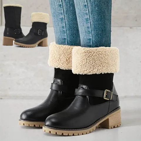 Fashion Boots with Buckle Chunky Heel Shoes Warm Winter