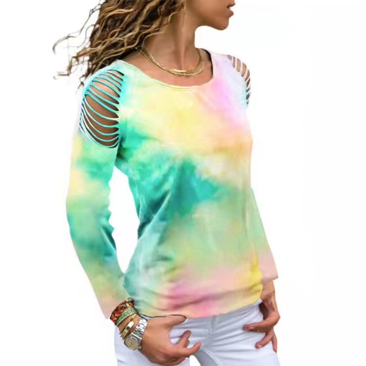 Tie Dye Ripped Floral Off The Shoulder Long Sleeve Tshirt