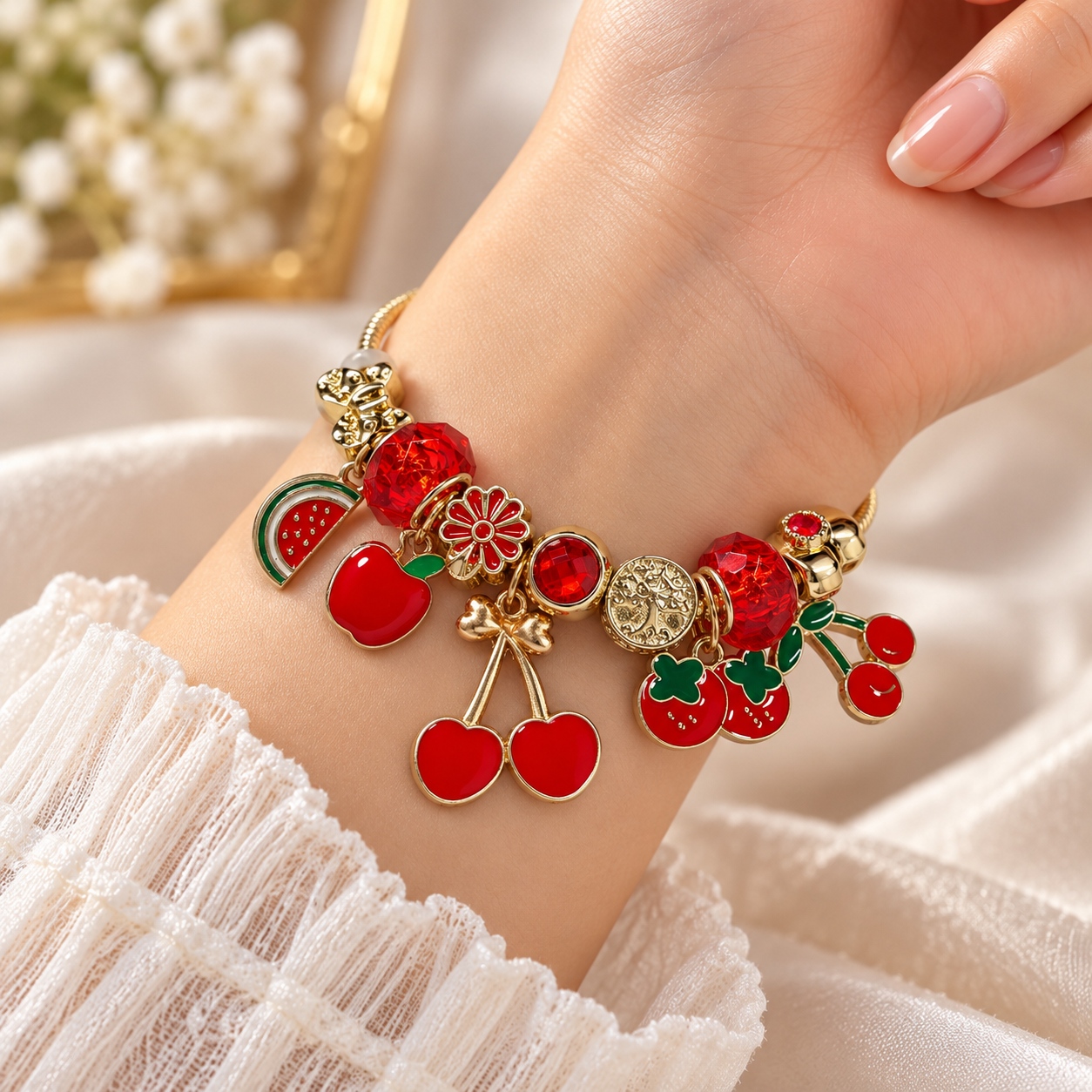 1buc Cute Red Cherry Fruit Charm Bracelet Gold Snake Chain Enamel Strawberry Watermelon Faux Crystal Christmas Jewelry Gift Women