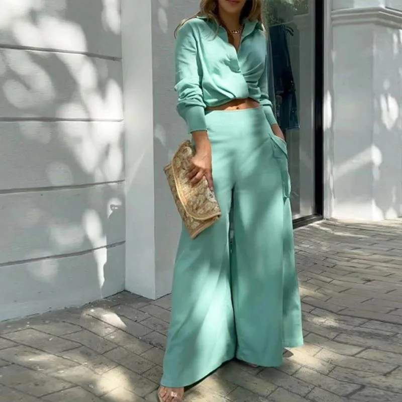Women's Plus Size Elegant Pant Set - Crisscross Detail Top & Wide Leg Pants With Pockets Office & Casual Outfit - Green