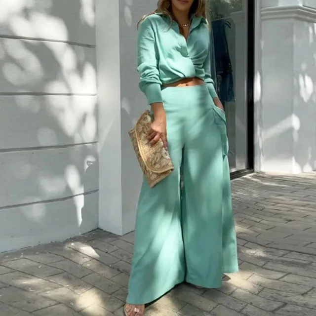 Women's Plus Size Elegant Pant Set Crisscross Detail Top & Wide Leg Pants With Pockets Office & Casual Outfit Green - Shop at LoveMi