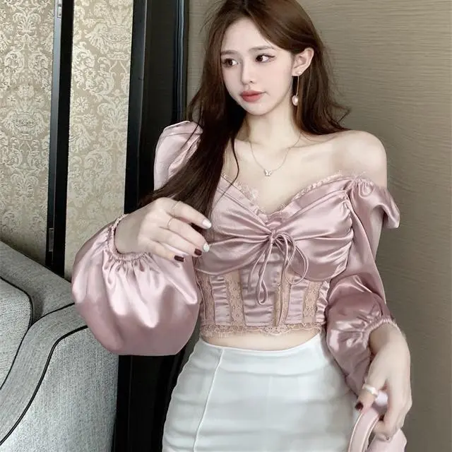 French Lace Shirt Women's Satin Niche Short Long Sleeve Top Pink - Shop at LoveMi