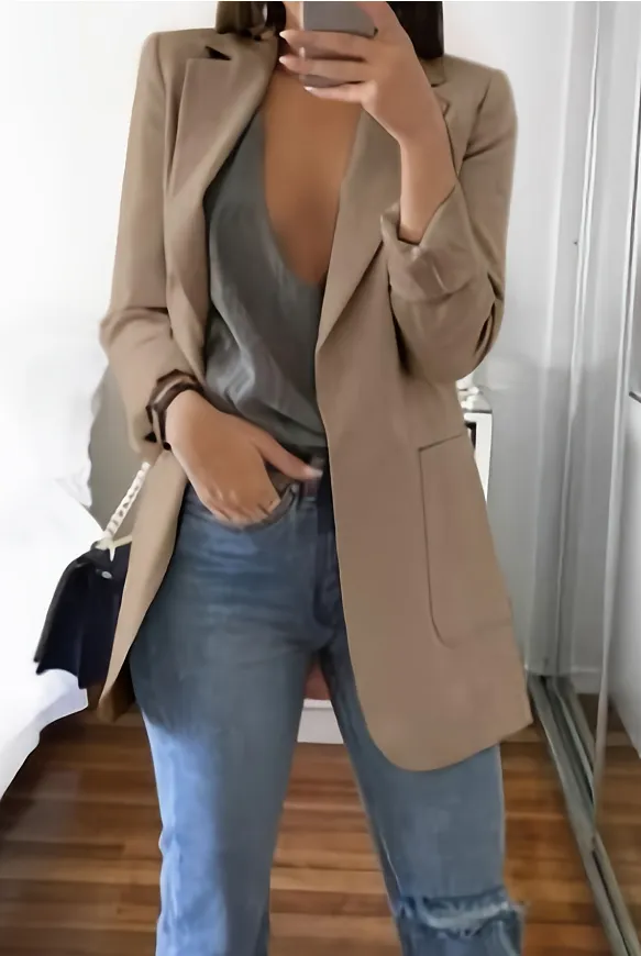 Lapel Slim Cardigan Temperament Blazer Khaki - Shop at LoveMi