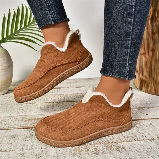 Fashion V cut Plush Ankle Boots Winter Plus Velvet Flat Snow Boot Casual Warm Solid Suede Cotton Shoes For Women Brown - Shop at LoveMi