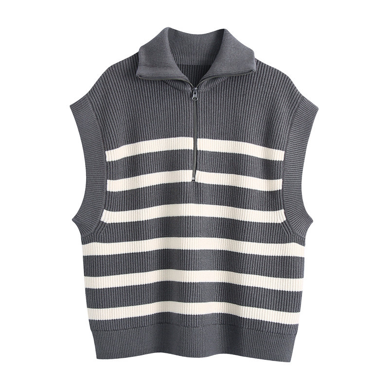 Women's Lapel Sleeveless Striped Pullover Knitted Sweater