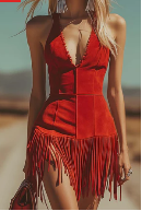 Women's Western Style Vest Dress V Neck Button Front Mini Dress With Fringe Detail Summer Wear Red - Shop at LoveMi