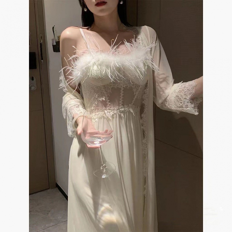 Title 4, Feather Slip Nightdress Long Ice Silk Pajamas