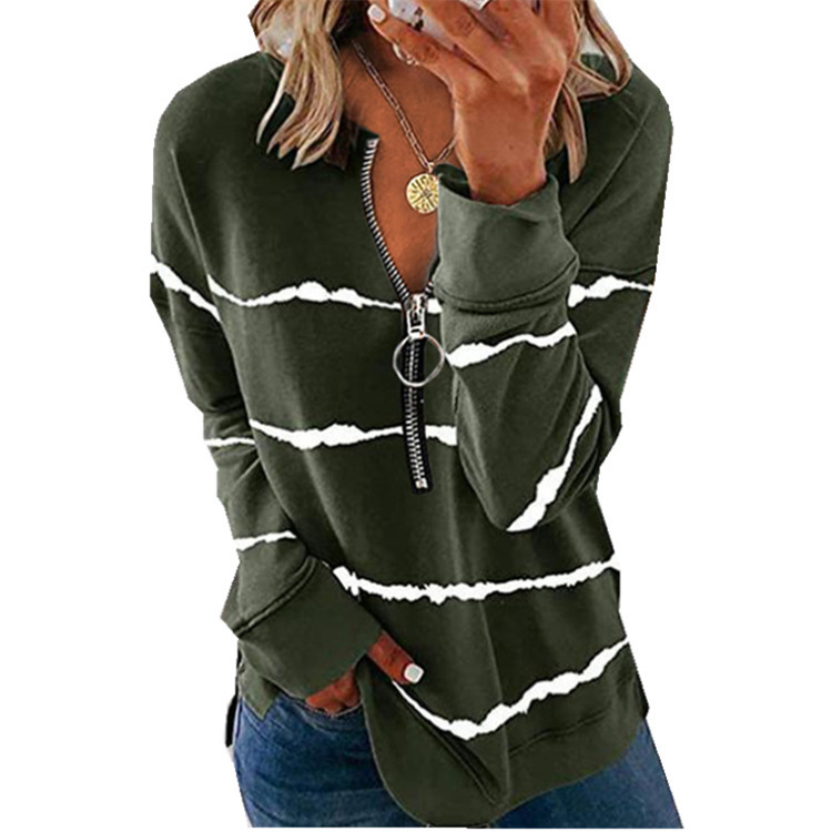 Title 7, Autumn New Style Striped Zipper V Neck Loose Lo...