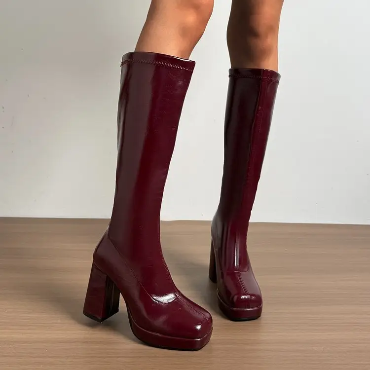 Women Square Toe Platform Block Heel Knee
