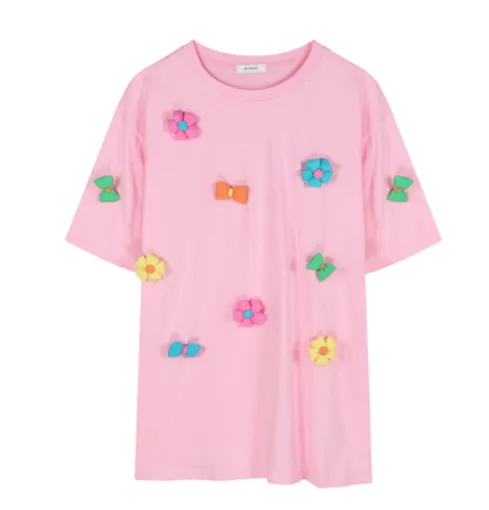 White 3D Flower Short Sleeve T Shirt Pink - Shop at LoveMi