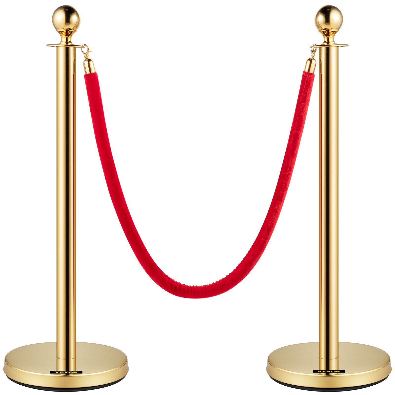 Velvet Ropes And Posts, 5 Ft-1.5 M Red Rope, Stainless Steel Gold Stanchion With Ball Top, Red Crowd Control Barrier Used For Theaters, Party, Wedding, Exhibition, Ticket Offices Pack Sets -6