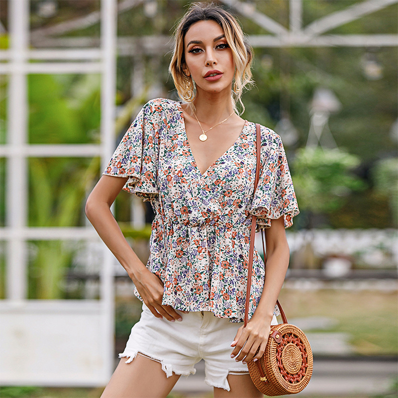 Women's V-neck Waistband Floral Shirt
