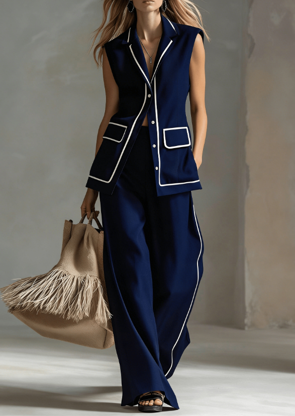 Minimalist Sleeveless Vest With Trim  Side Striped Wide Leg Pants An Elegant Two Piece Set.