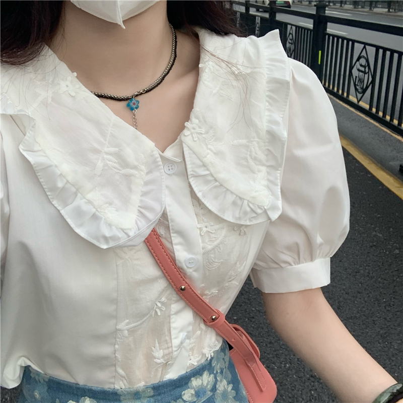 Title 3, Doll Collar Short Sleeve Shirt High Waist Flora...