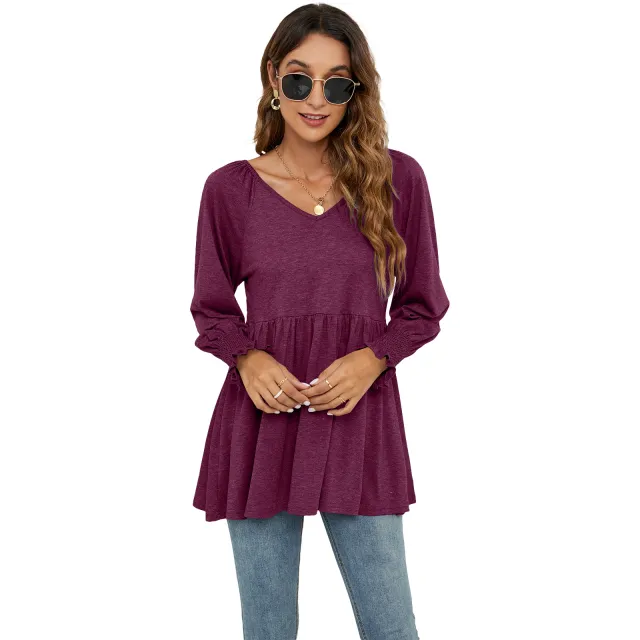 Women's New V neck Puff Long sleeved Tunic T shirt Wine Red - Shop at LoveMi