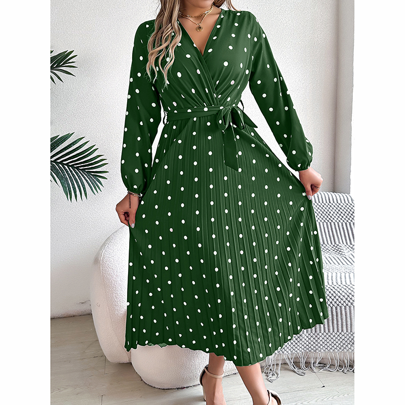 Women's Polka Dot Maxi Dress V Neck Long Sleeve A Line Dress With Belt & Pleats For Spring Fall Green - Shop at LoveMi