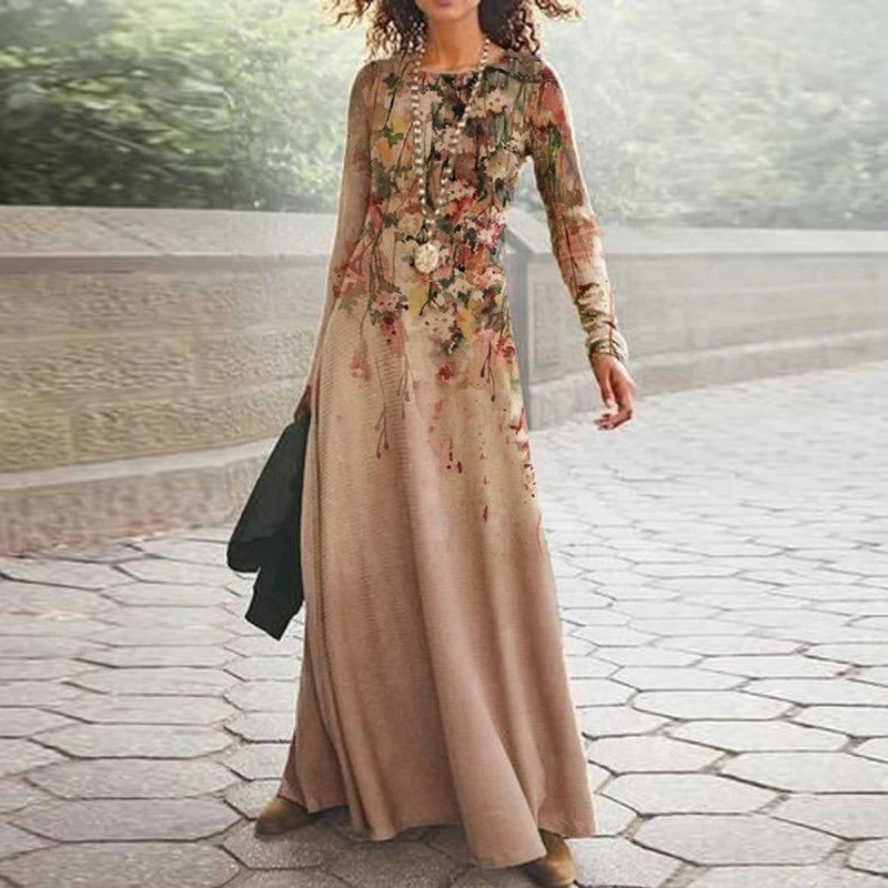 European And American Champagne Elegant Retro Long-sleeved Positioning Printing Long Skirt