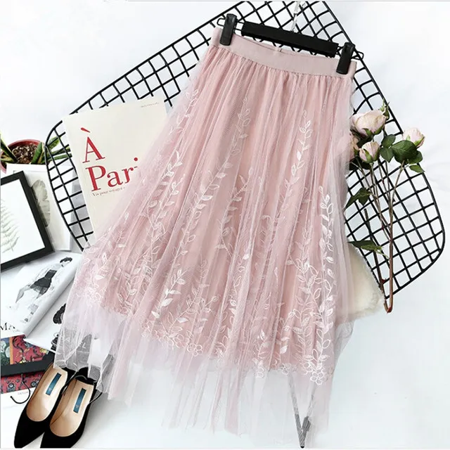 Floral Embroidery A Line Skirt Lace Mesh Skirt Pink - Shop at LoveMi