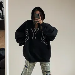Women's American Style Retro Hooded Fleece Embroidered Sweatshirt - Black Plus Velvet - View 1