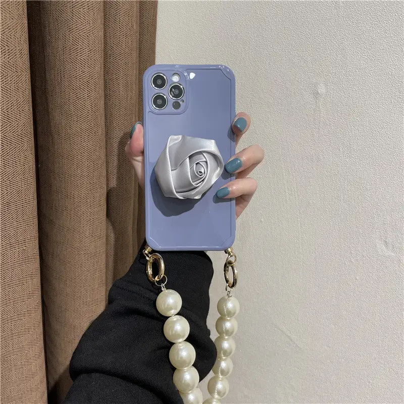 Haze Blue Flower Bracket Pearl Chain Phone Case