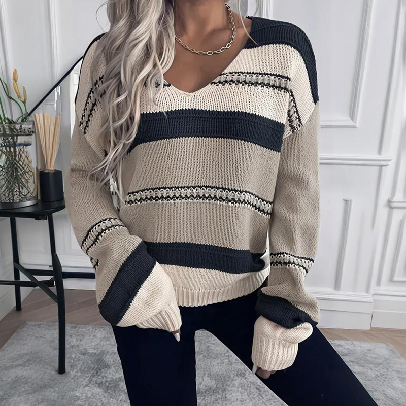 Women's French Vintage Striped Sweater, V Neck Long Sleeve Stretch Knit Top For Fall Winter Layering Black White - Shop at LoveMi