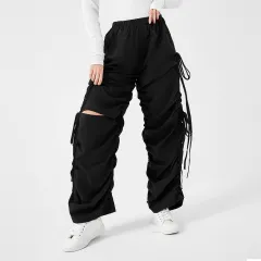 Street Drawstring Hole Casual Loose Wide Legs Cargo Pants - Black - View 1