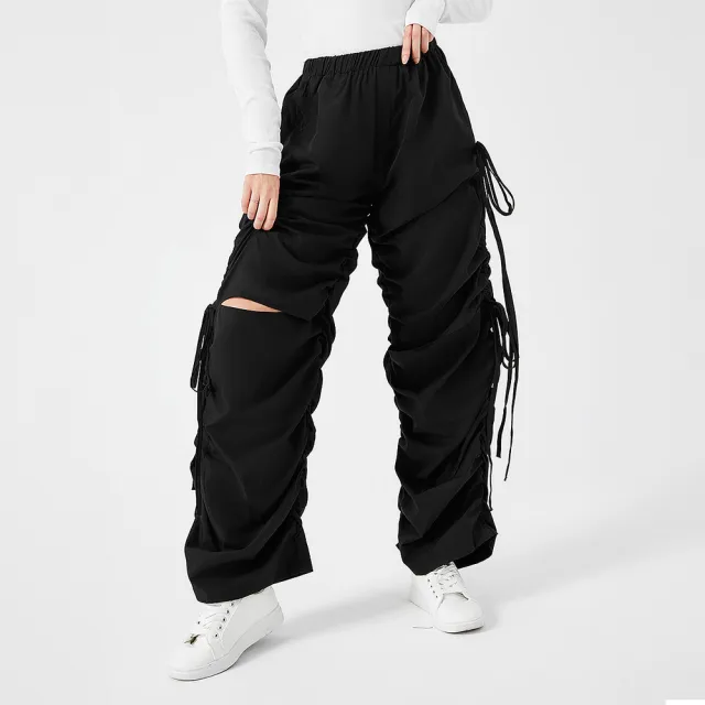 Street Drawstring Hole Casual Loose Wide Legs Cargo Pants Black - Shop at LoveMi