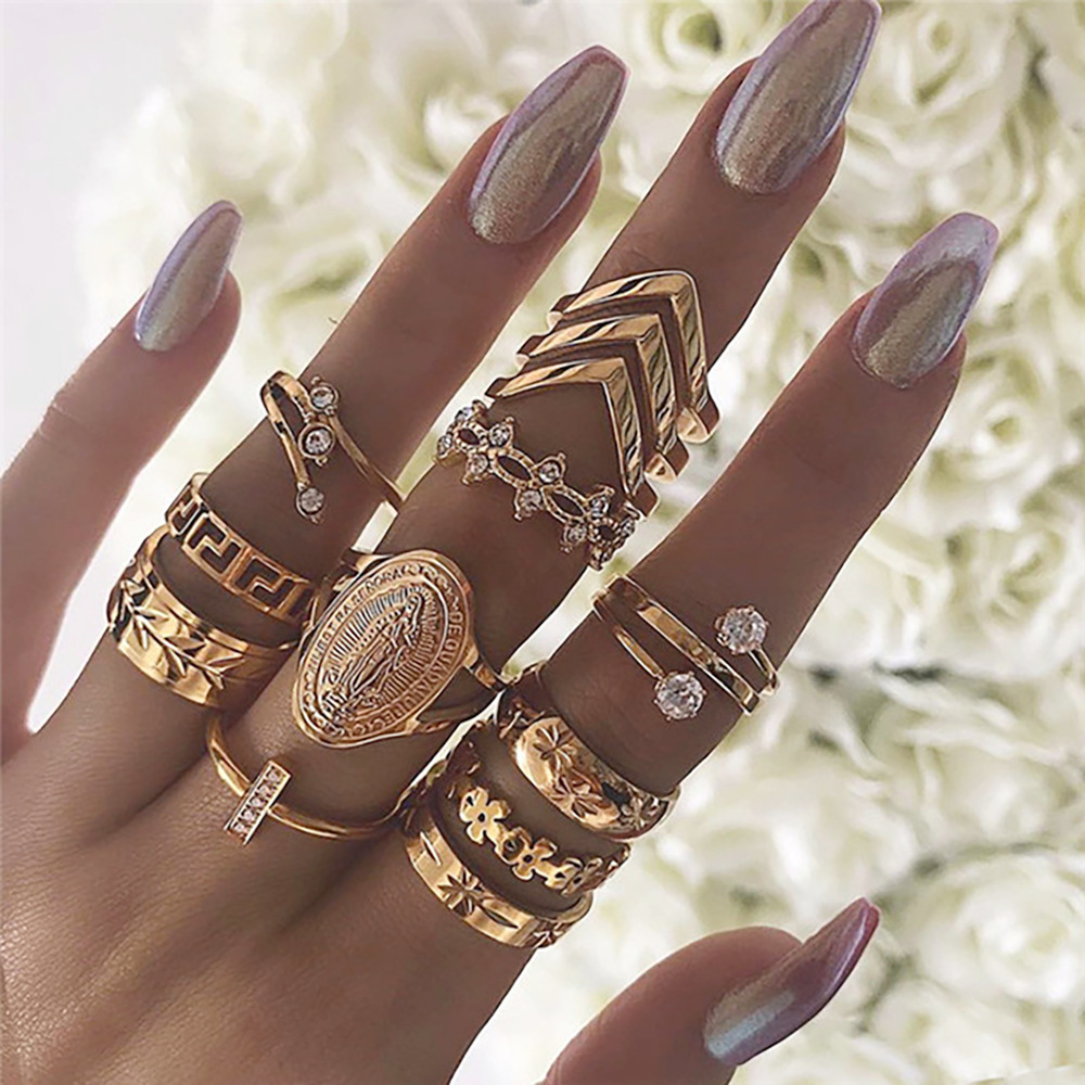 Joint Ring Retro Portrait Gold Coin Cross Pattern Butterfly Diamonds 62 Piece Combination Ring
