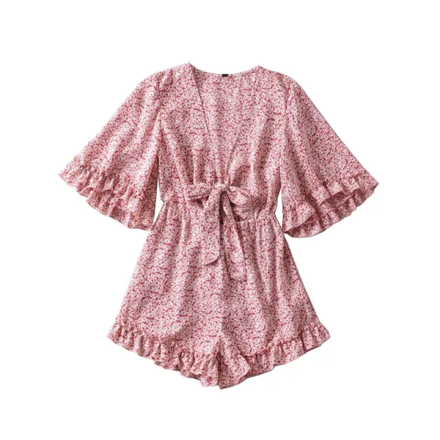 Positioning Printing Deep V Neck Chest Waist Jumpsuit Pink - Shop at LoveMi